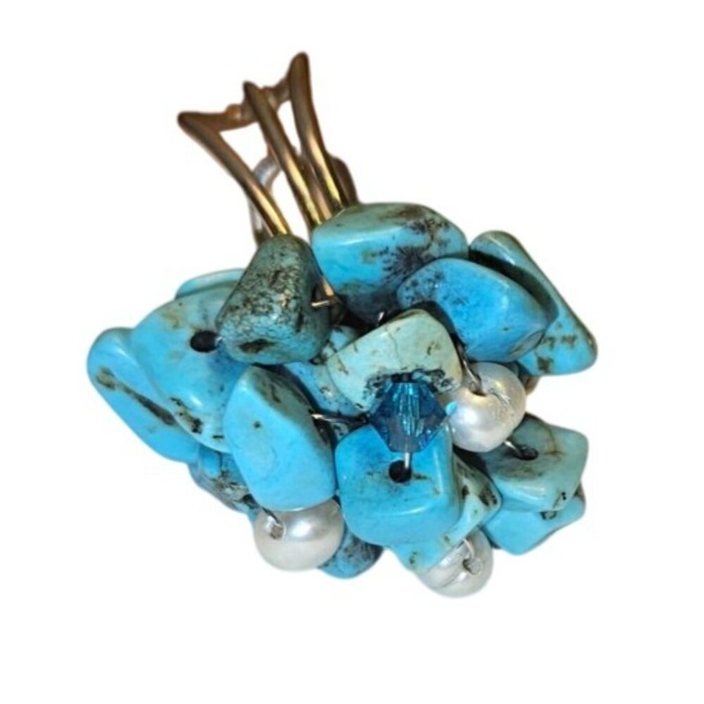 Statement Ring Adjustable Turquoise & Pearl Clust… - image 2